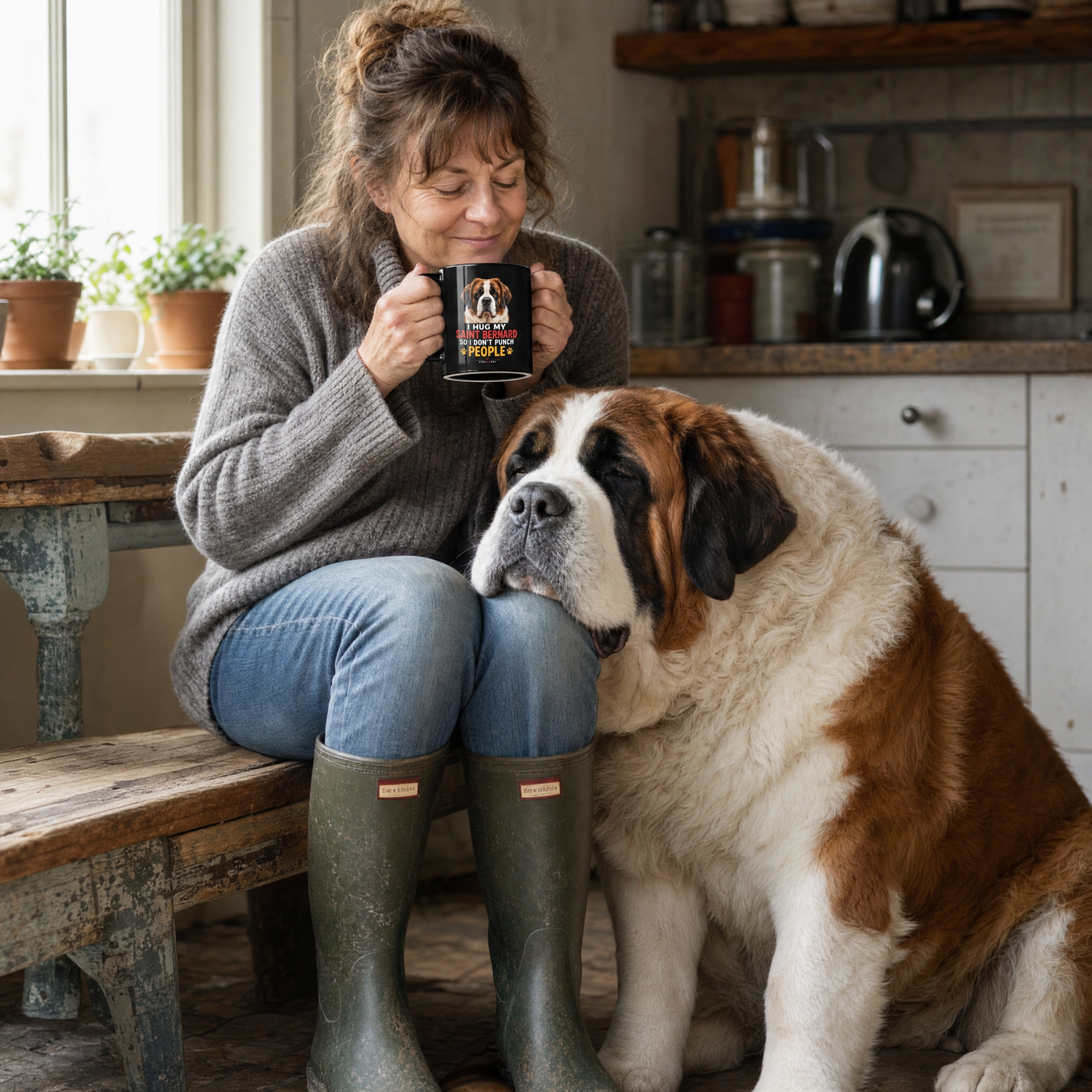 I Hug My Saint Bernard So I Don't Punch People Mug: lifestyle photo