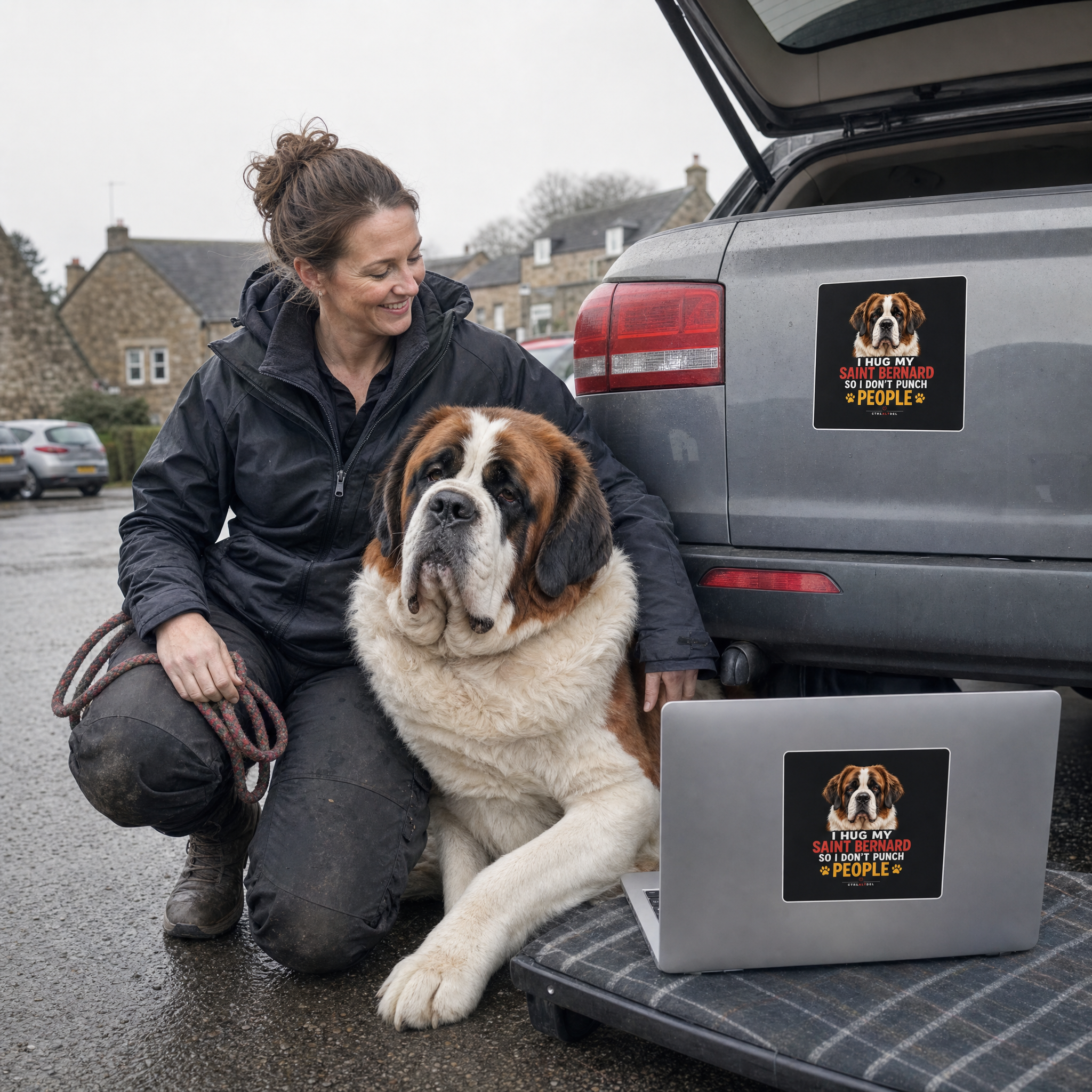 I Hug My Saint Bernard So I Don't Punch People Sticker: lifestyle photo