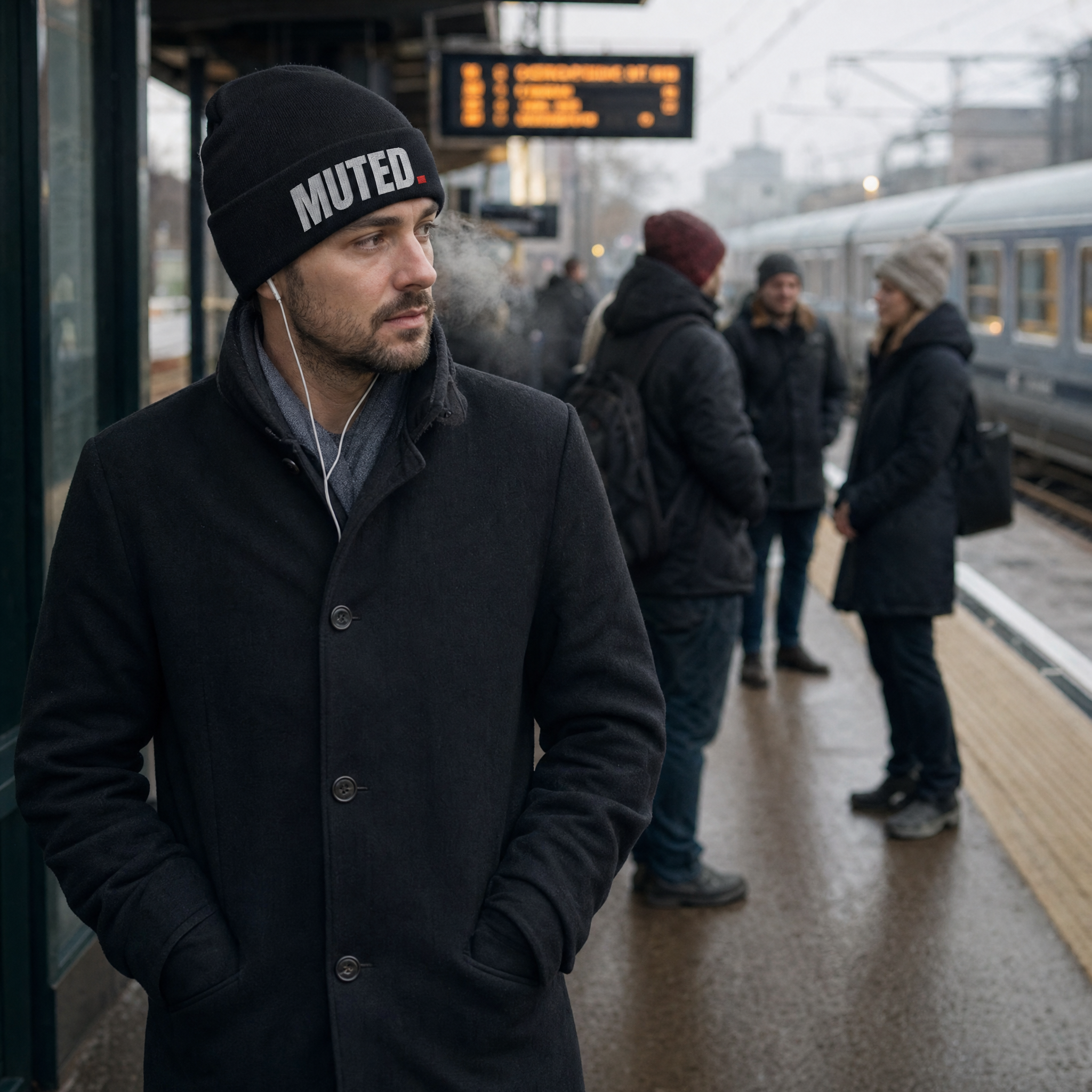 Muted. Embroidered Beanie: lifestyle photo